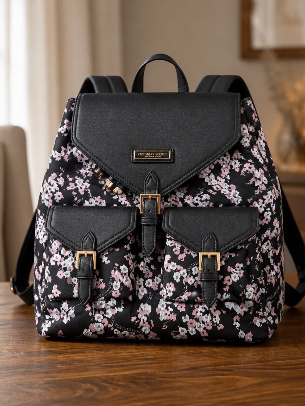 Victoria's Secret Black Floral Pink Accent Backpack - Picture 1 of 4